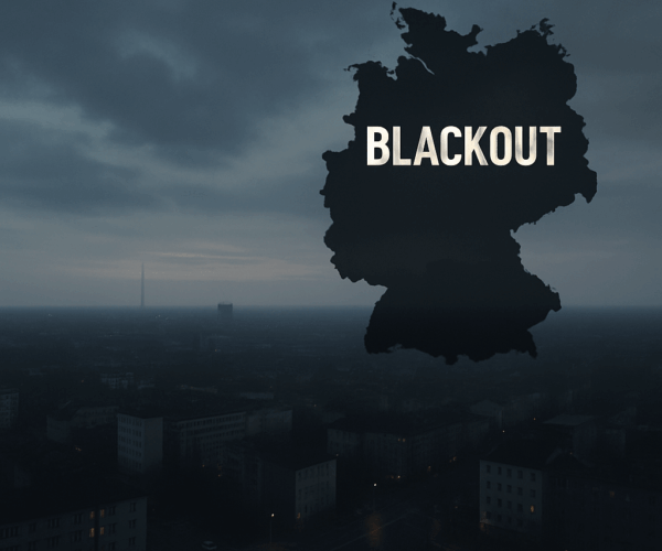 Düstere Skyline bei Stromausfall, mit schwarzer Deutschlandkarte und dem Schriftzug ‚BLACKOUT‘. Symbolbild für Stromkrise oder Netzstörung in Deutschland.