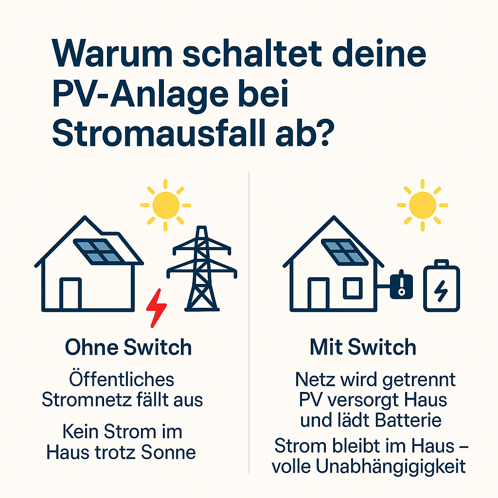 Infografik erklärt, warum Photovoltaikanlagen bei Stromausfall ohne automatischen Netztrennschalter (Switch) nicht weiterlaufen. Links: Haus ohne Switch – kein Strom trotz Sonne. Rechts: Haus mit Switch und Speicher – Strom bleibt verfügbar.